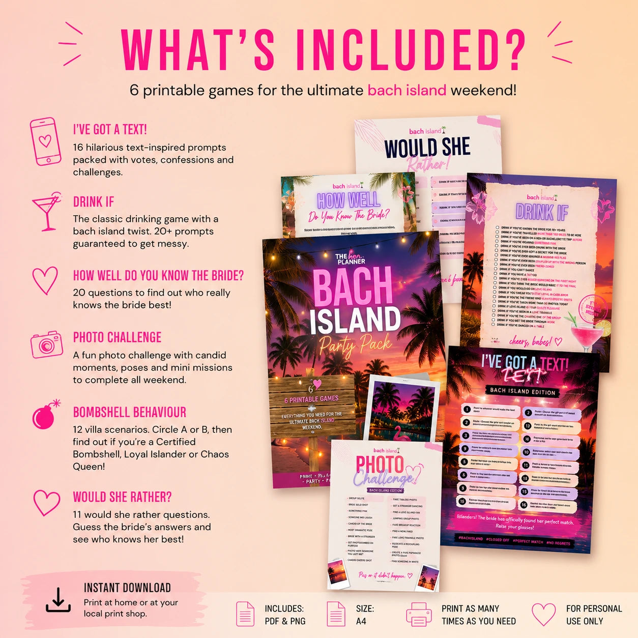 Promotional graphic for a printable 'Bach Island' party game bundle, showing multiple game cards.
