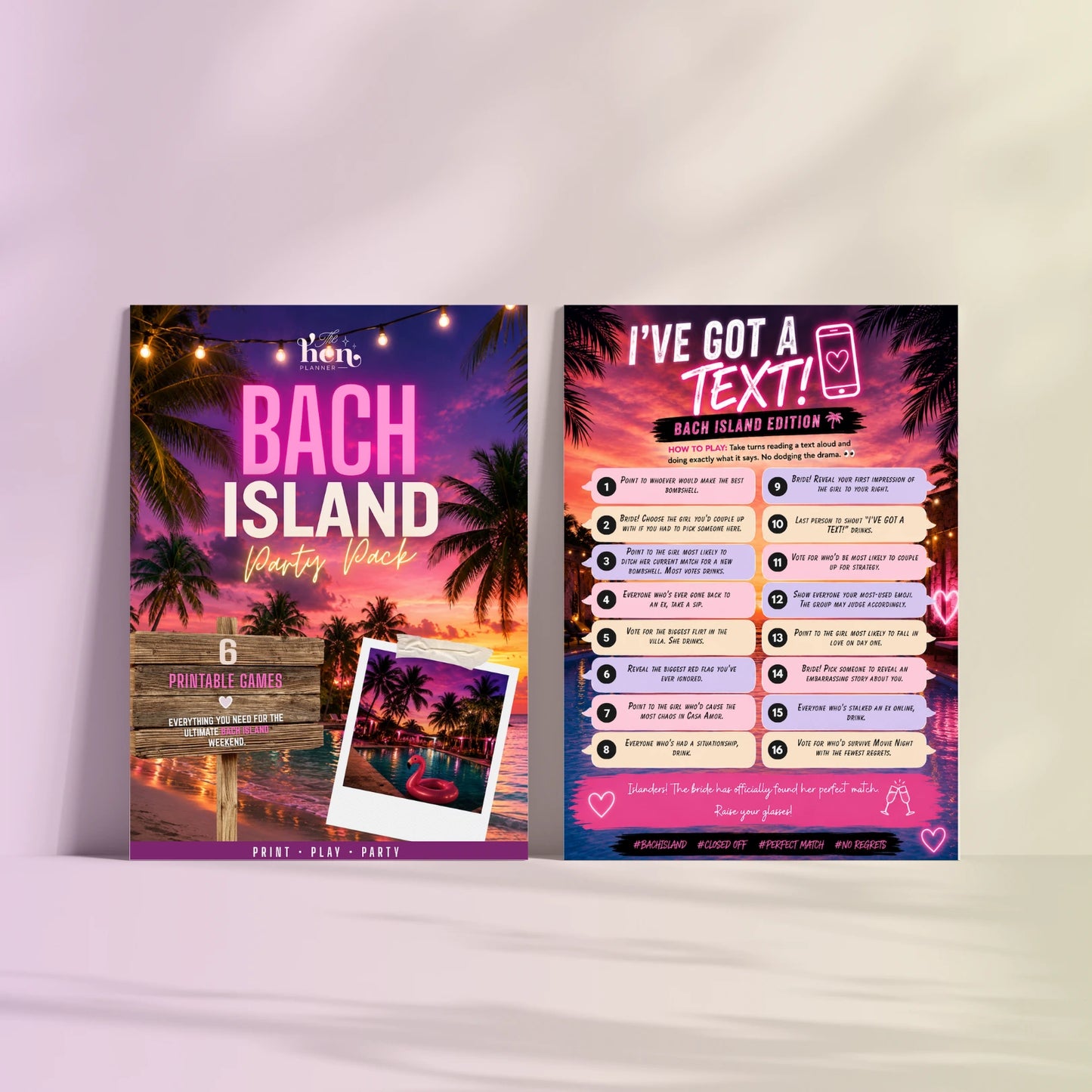 Two printed party game cards for a 'Bach Island Party Pack' displayed side-by-side on a light surface with soft shadows. 