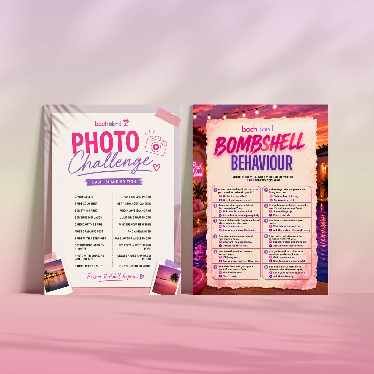 Two printed event flyers for 'Bach island Photo Challenge' and 'bach island BOMBSHELL BEHAVIOUR' displayed on a pink surface against a pink gradient background.