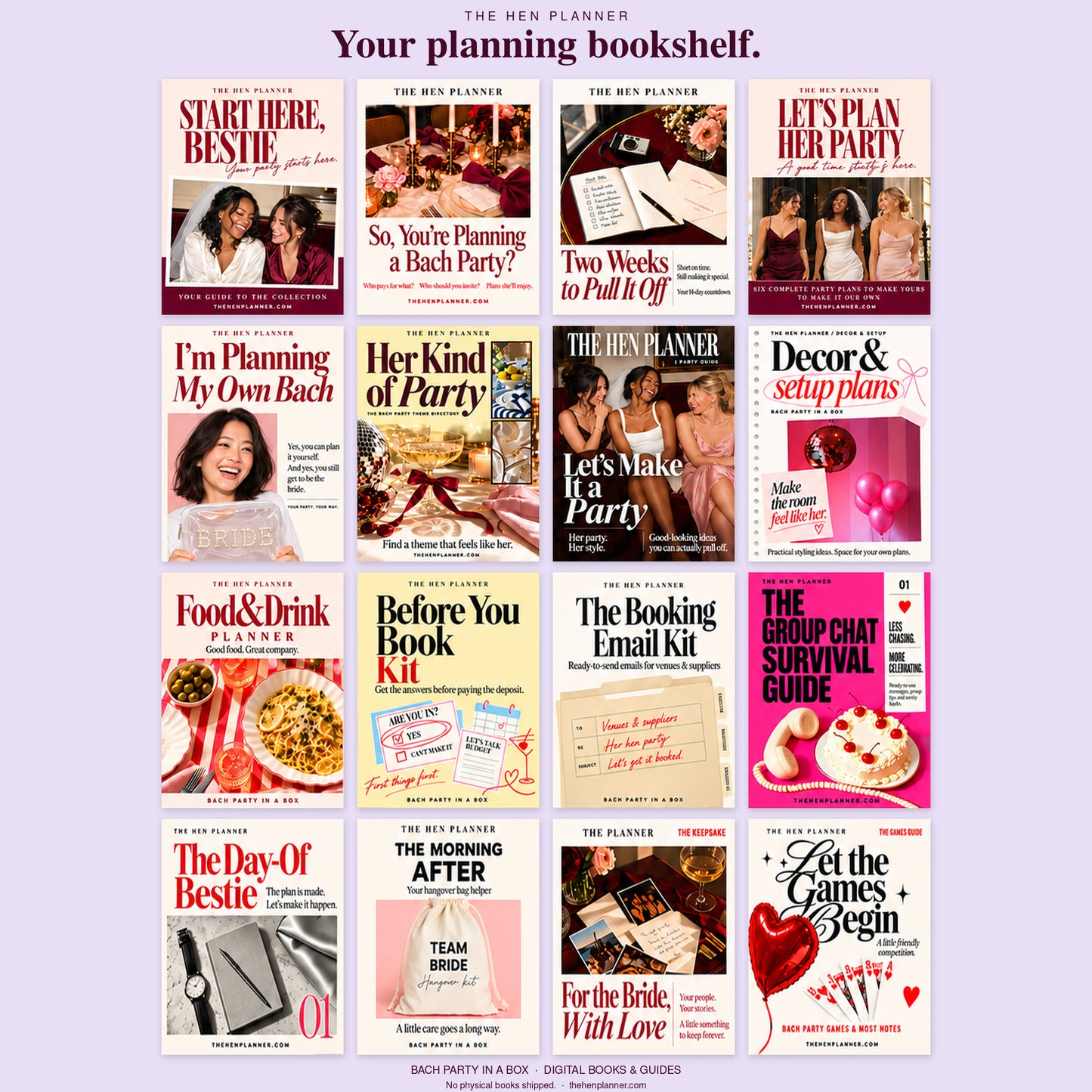A grid of 15 planner and guide covers from The Hen Planner's Bach Party in a Box.