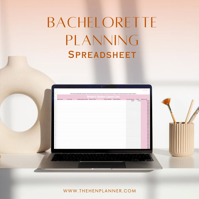 Laptop displaying a bachelorette planning spreadsheet on a desk with decor items.
