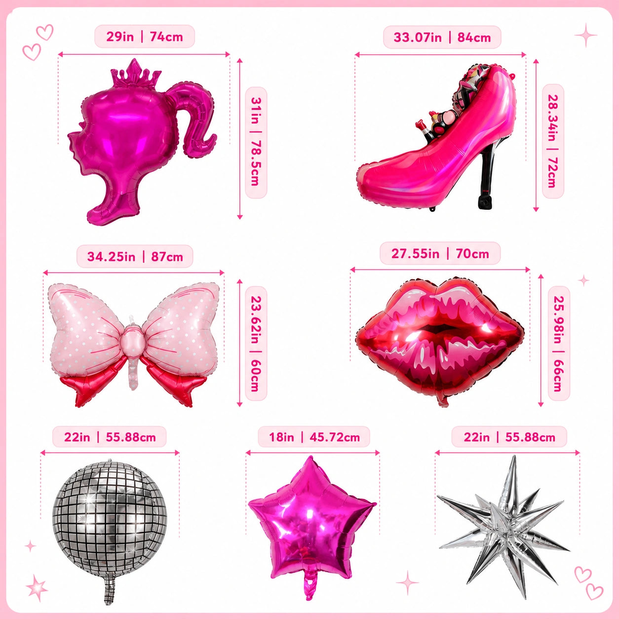 A product infographic showing six metallic foil balloon designs with dimensions labeled: a pink teapot balloon, a pink high-heel balloon, a pink-and-white bow balloon, a pink lips balloon, a silver disco ball balloon, and a silver star balloon. The background is white with a pink border and decorative heart/star accents.