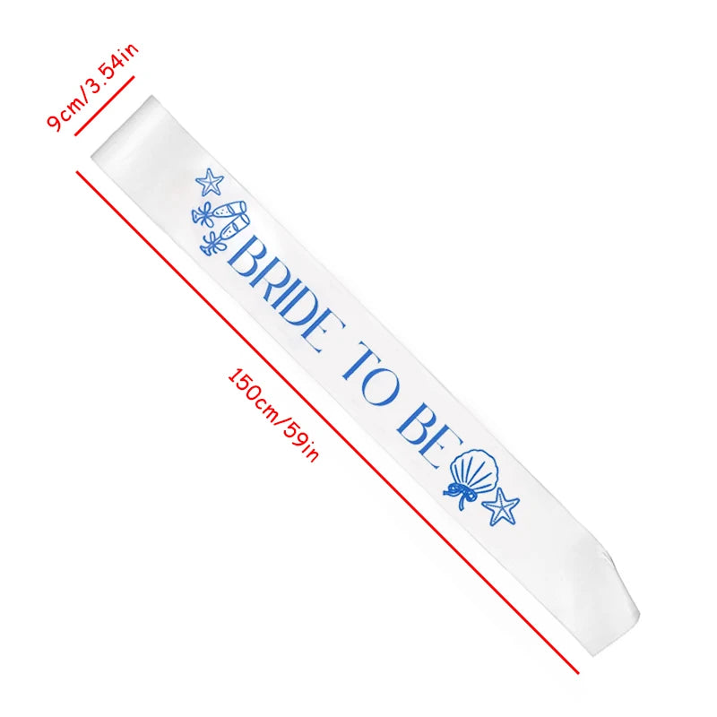 White sash with 'Bride To Be' text and blue sea-themed designs, shown with measurements on a white background.