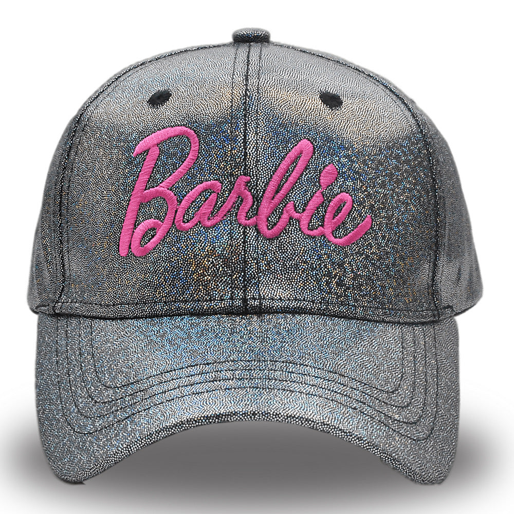 Black glittery cap with pink 'Barbie' text on a white background