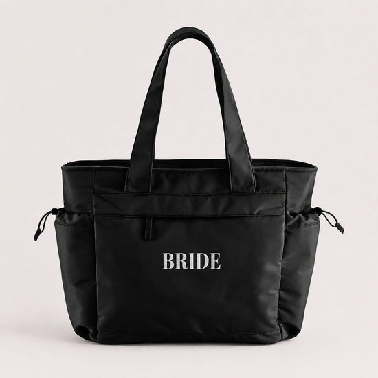 Black embroidered BRIDE oversized tote bag for hen weekend travel