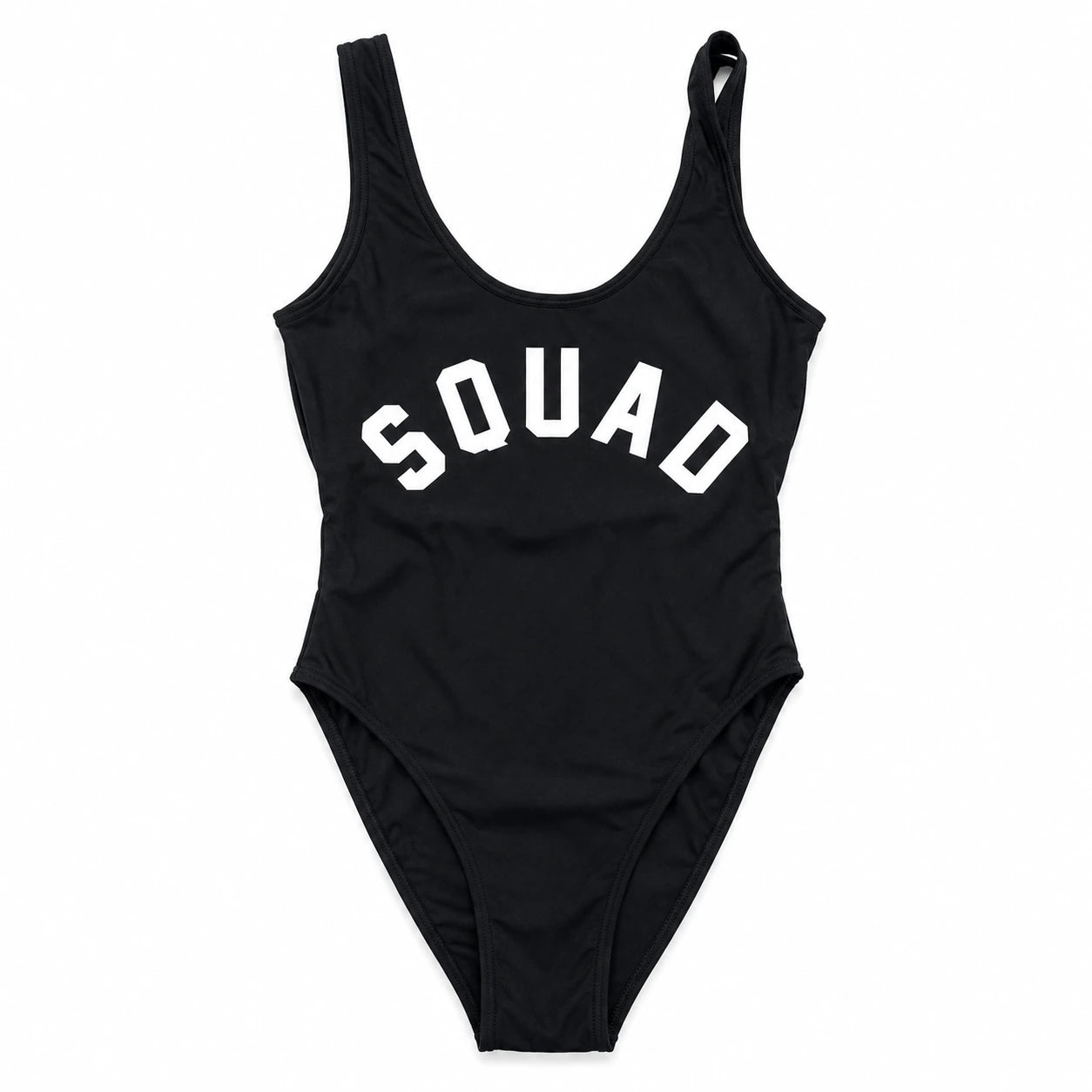 A black one-piece swimsuit with the word 'SQUAD' printed in white arched block letters across the chest, shown flat against a plain white background.