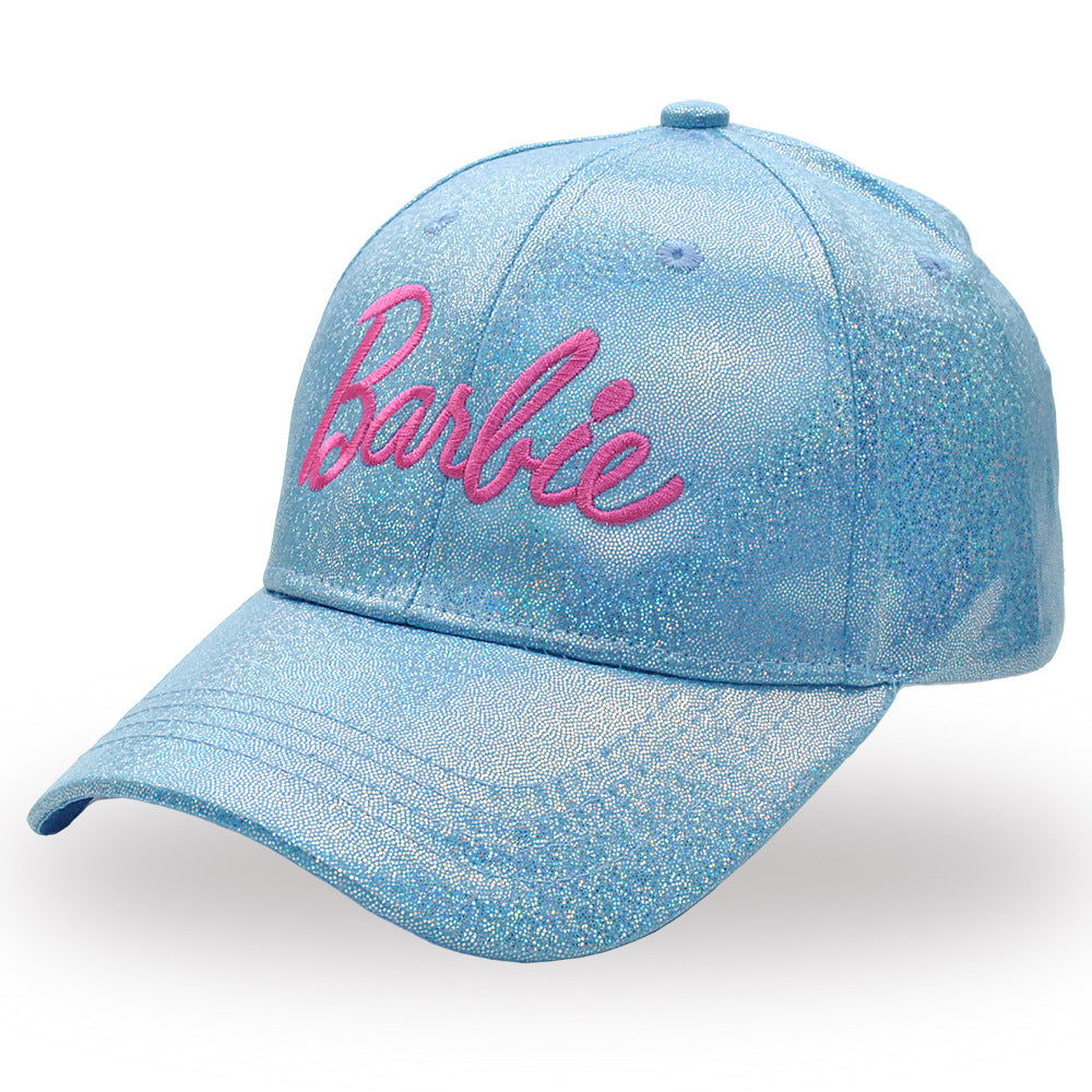 Blue glittery cap with pink 'Barbie' text on a white background