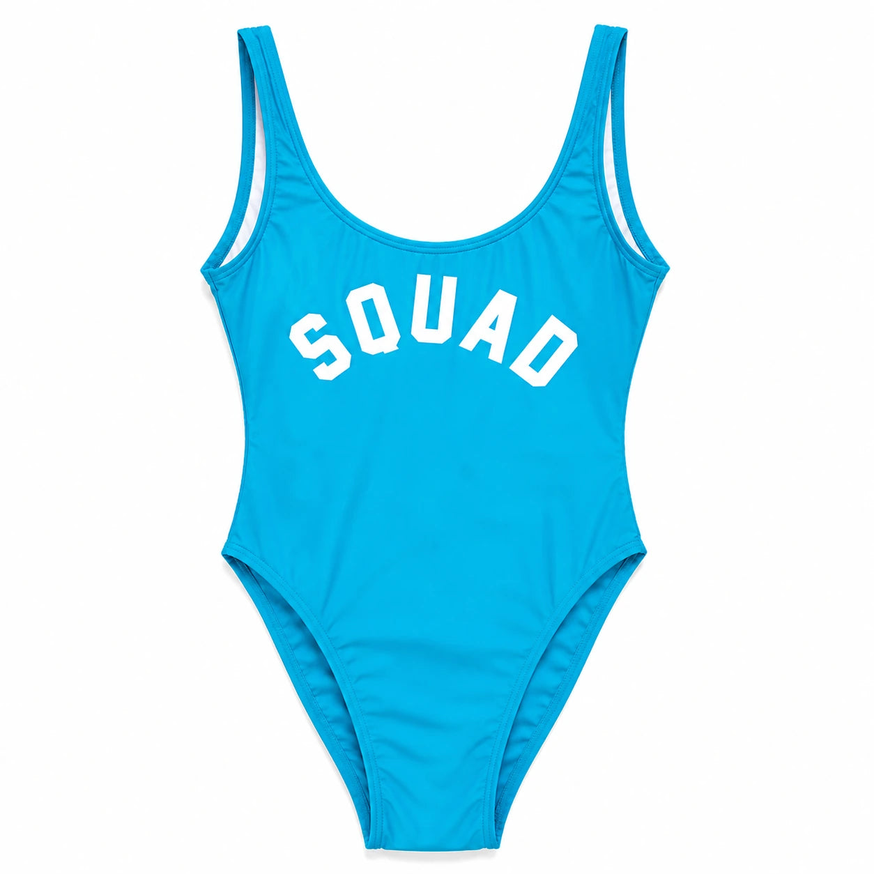 A bright blue one-piece swimsuit with white arched 'SQUAD' lettering across the chest, displayed flat against a solid white background.