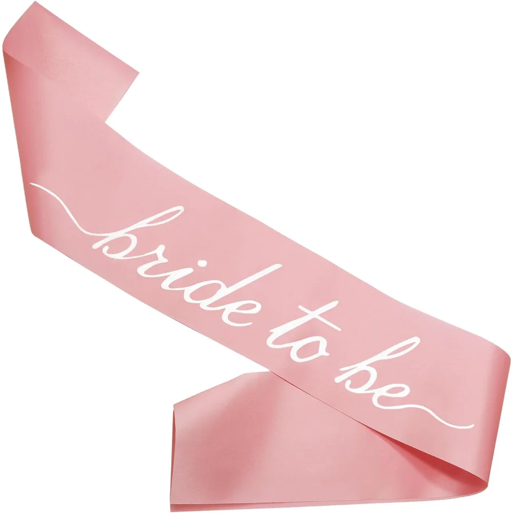 Pink sash with 'bride to be' text on a white background