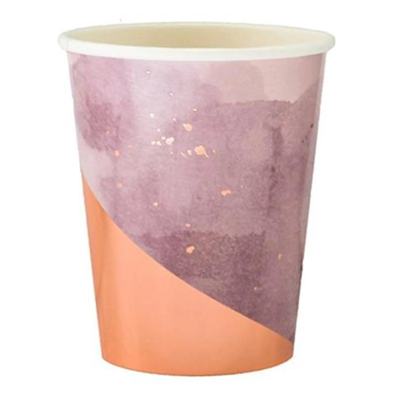 Paper cup with purple and orange gradient design on a white background