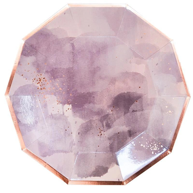 Octagonal decorative plate with a purple and white abstract design on a white background