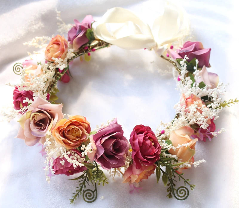 Floral wreath with colorful flowers and a white ribbon on a white background