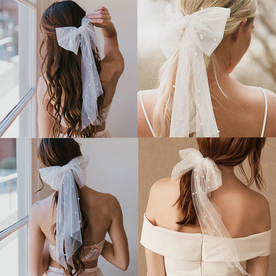 Collage of a woman wearing a sheer white bow in her hair.