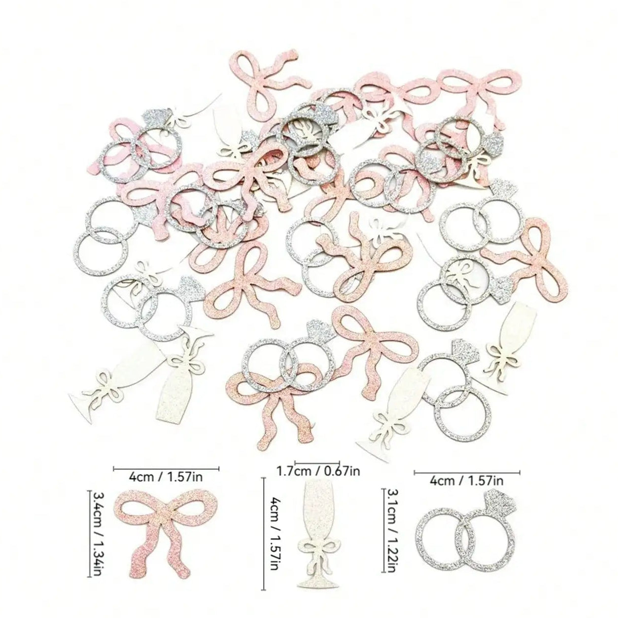 Collection of decorative rings with measurements on a white background
