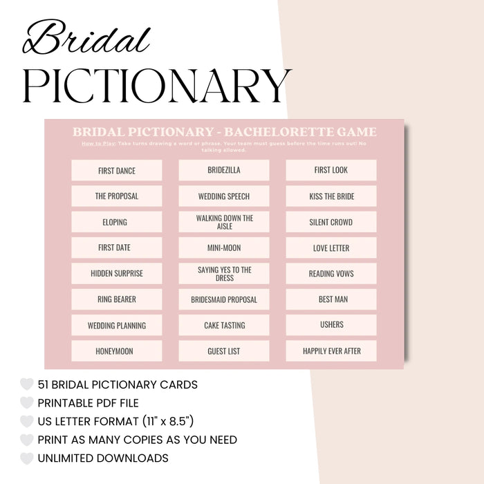 Bridal Pictionary game sheet for bachelorette parties on a pink background