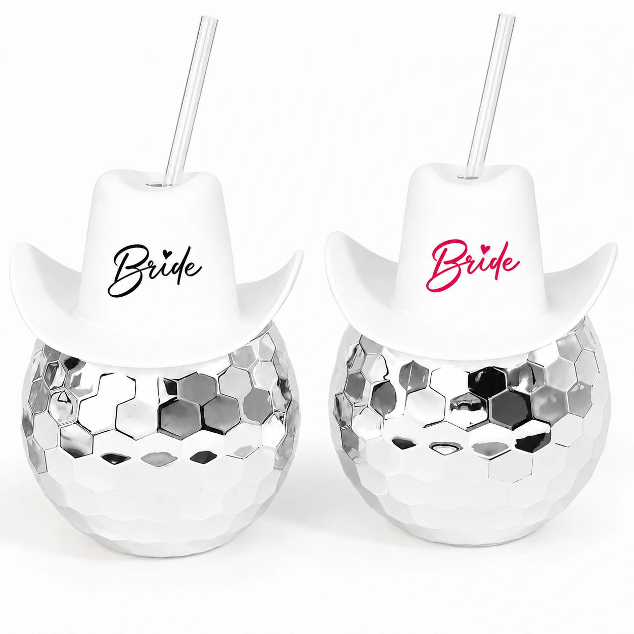 Two silver disco ball cups with 'Bride' text on white background