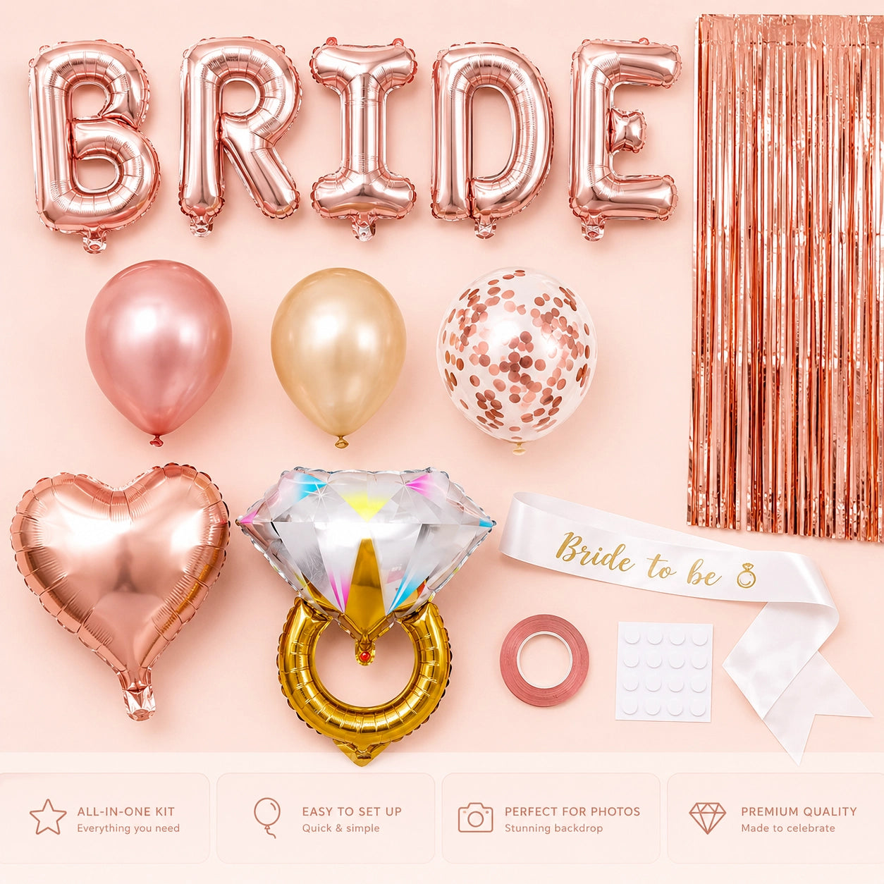 Bride shower party decoration kit with rose gold foil letter balloons spelling 'BRIDE', a rose gold heart balloon, a gold balloon, a rose gold and white confetti balloon, a diamond-shaped foil balloon, a ring-shaped foil balloon, a white 'Bride to be' sash, rose gold fringe backdrop, and tape and sticker accessories on a pale pink background.