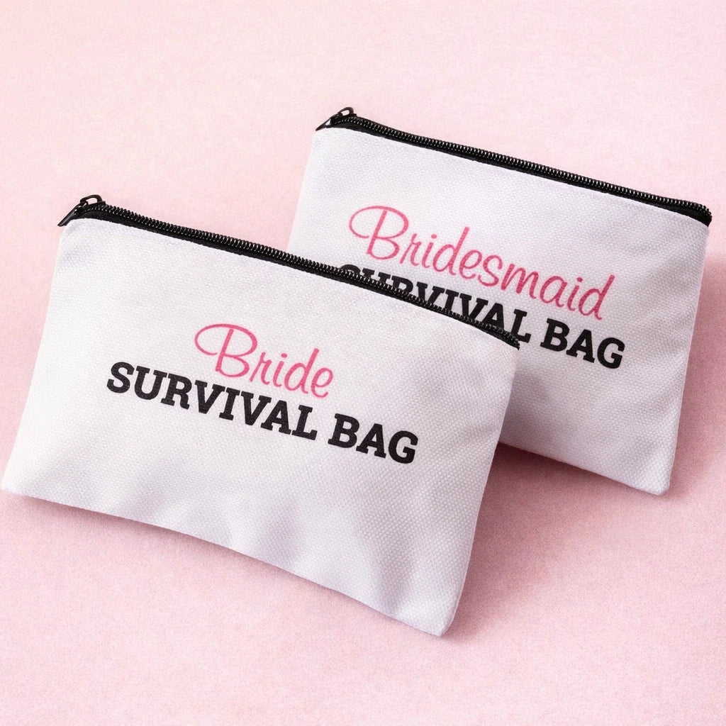 Two white pouches with 'Bride Survival Bag' and 'Bridesmaid Survival Bag' text on a pink background.