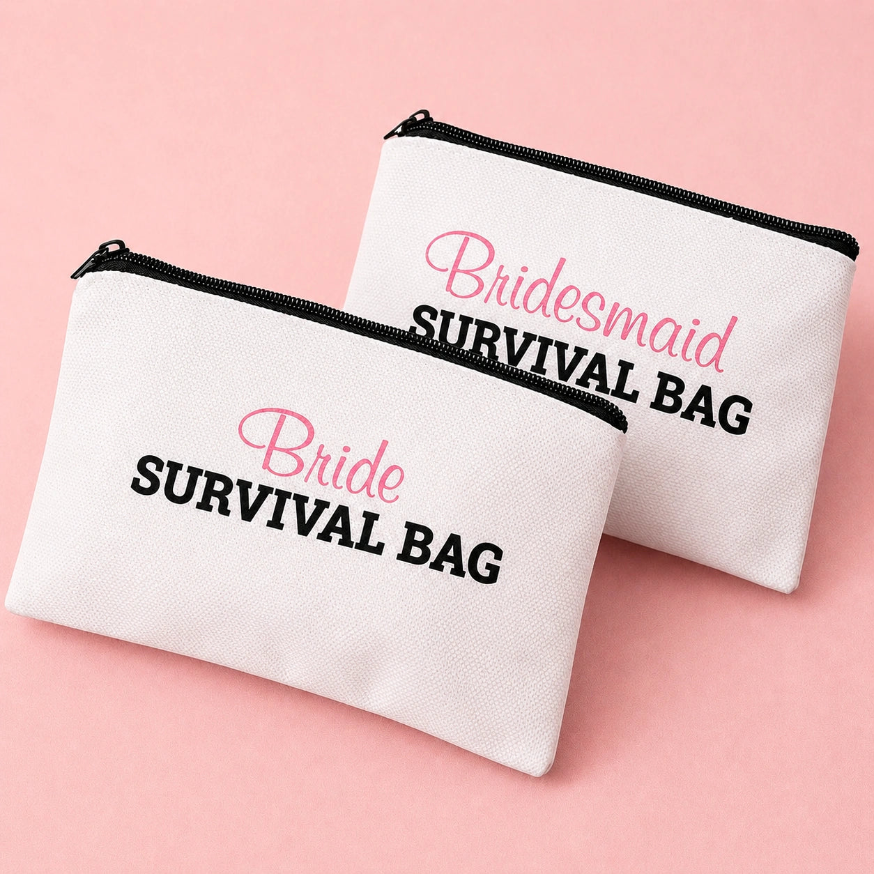 Two white pouches labeled 'Bride Survival Bag' and 'Bridesmaid Survival Bag' on a pink background.