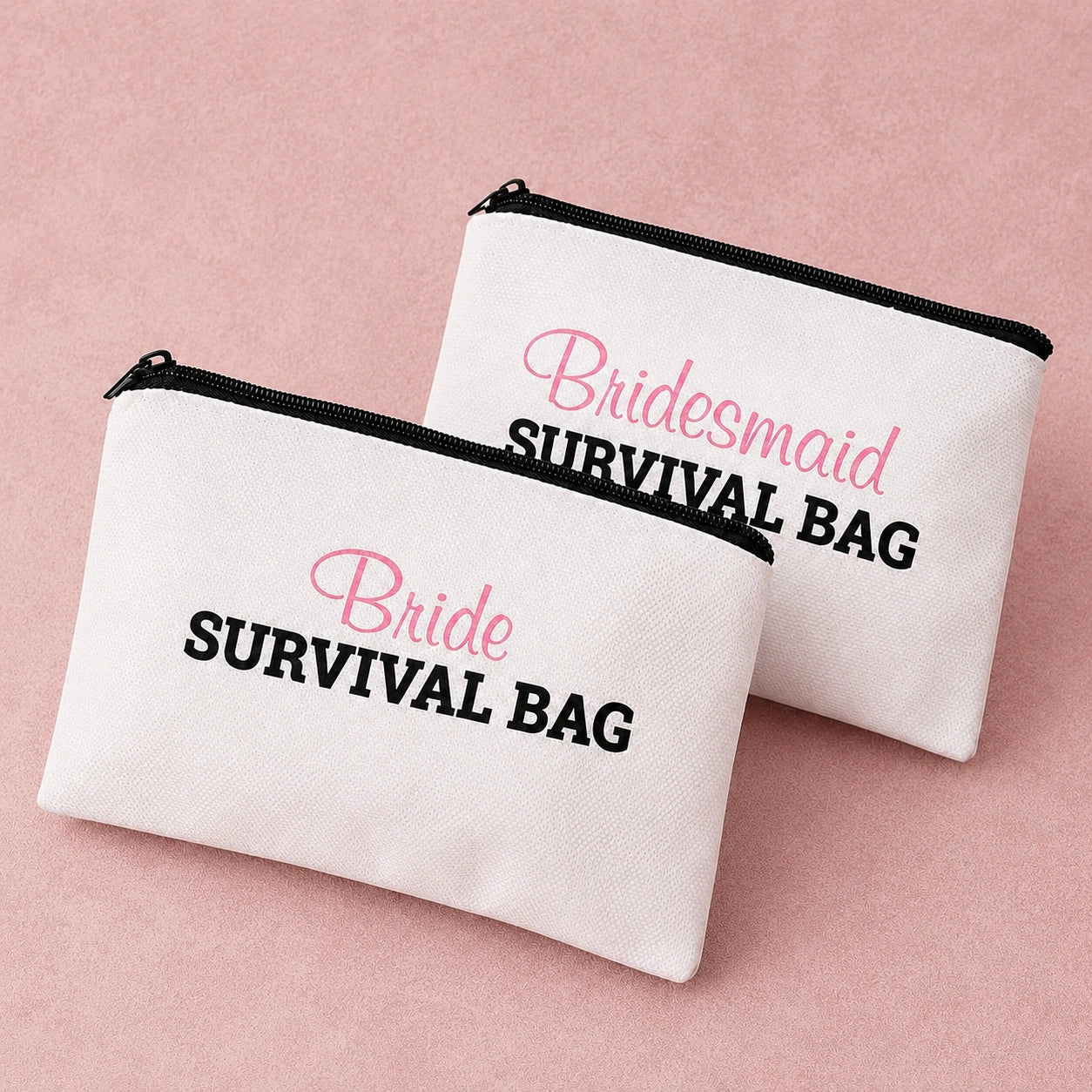 Two white pouches labeled 'Bride Survival Bag' and 'Bridesmaid Survival Bag' on a pink background.