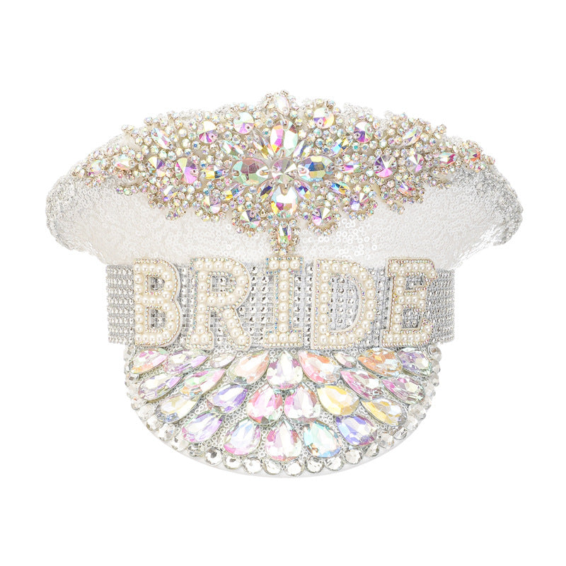 Ivory white bridal captain hat with rhinestone embellishments and BRIDE lettering