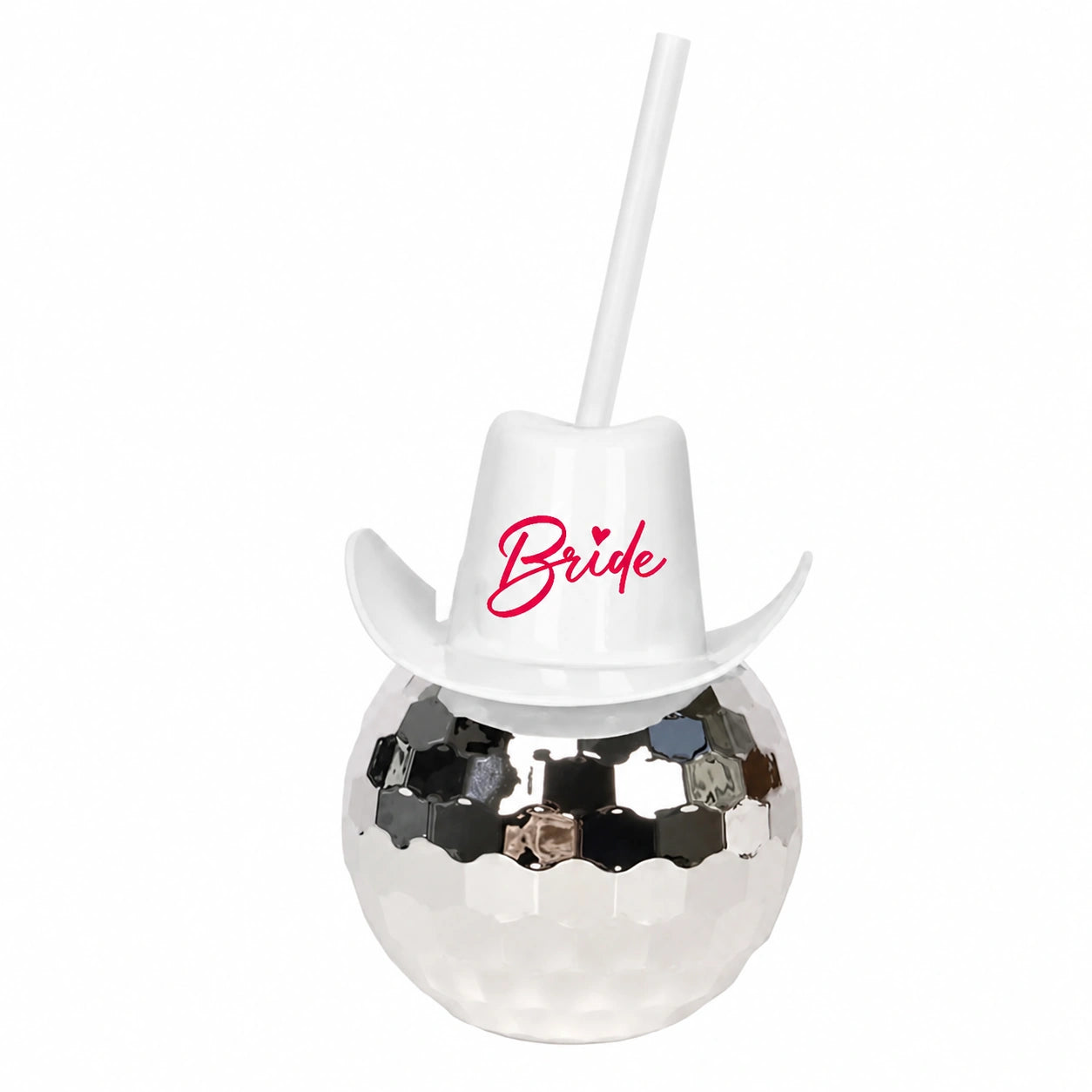 White cowboy hat with 'Bride' text on a disco ball with rhinestones against a white background