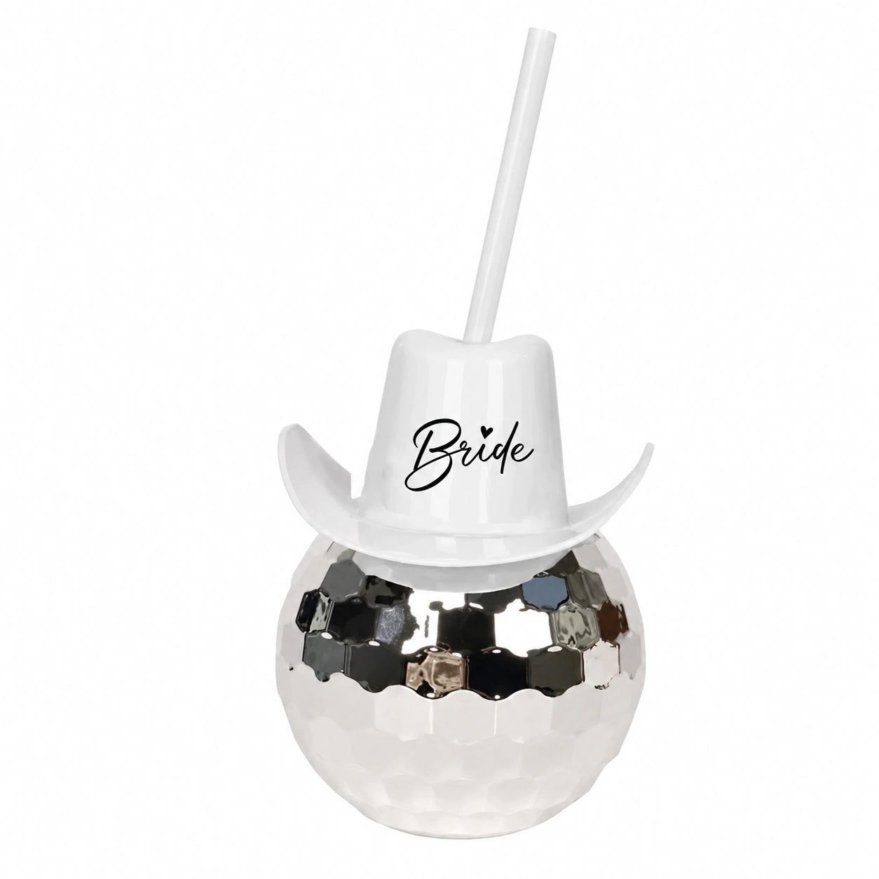 White cowboy hat with 'Bride' text on a silver disco ball with a straw against a white background