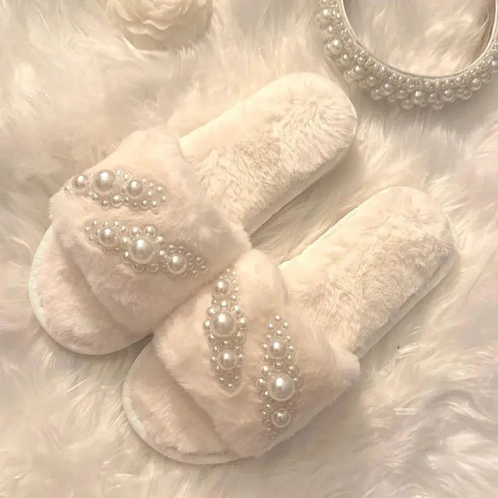 1pair Fluffy Pearl Embellished  Slippers Wedding Bachelorette Party Bridal Shower Decorate Supplies Bride To Be Bridesmaid Gifts The Hen Planner