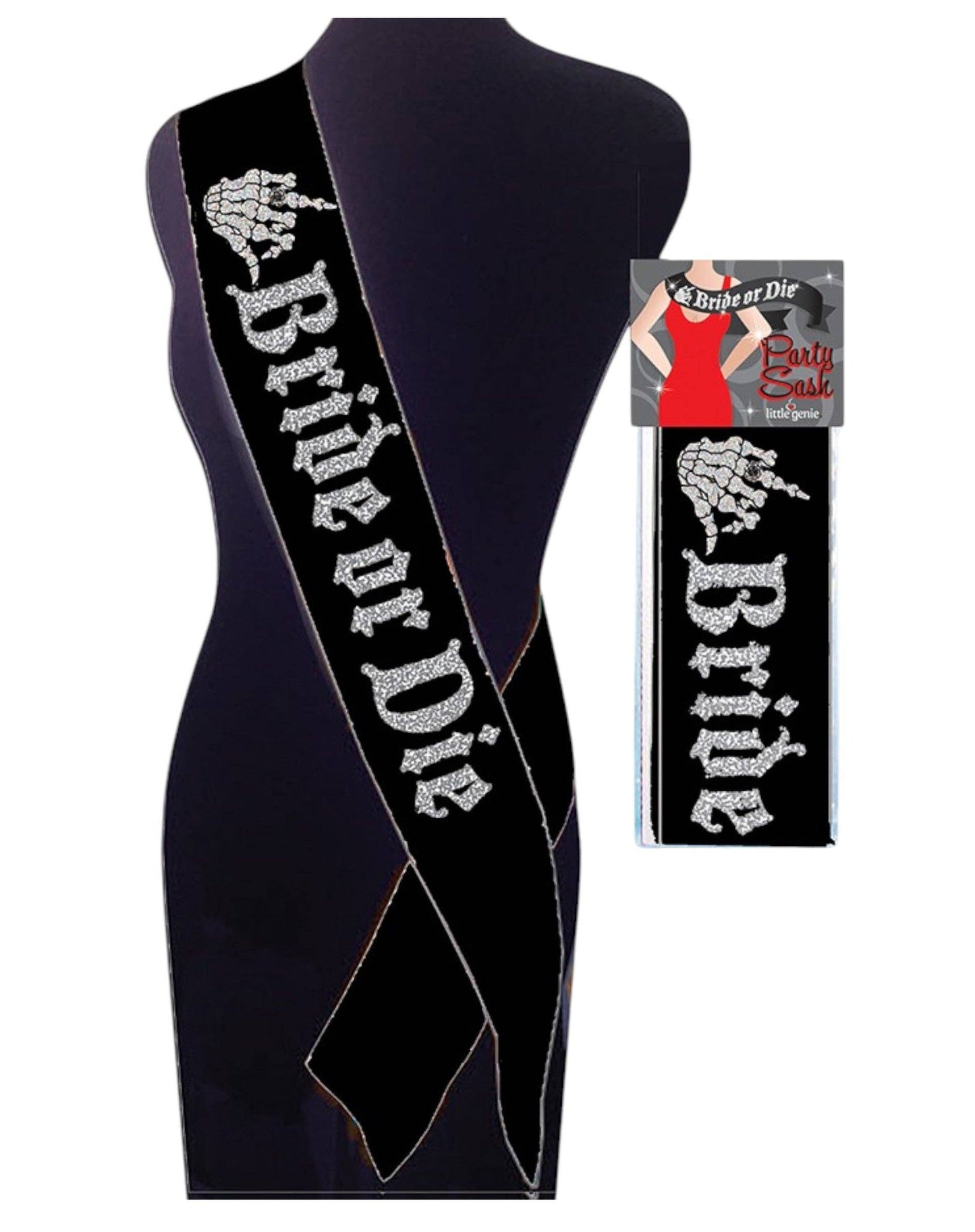 Black sash with 'Bride or Die' text on a mannequin, with packaging in the background.