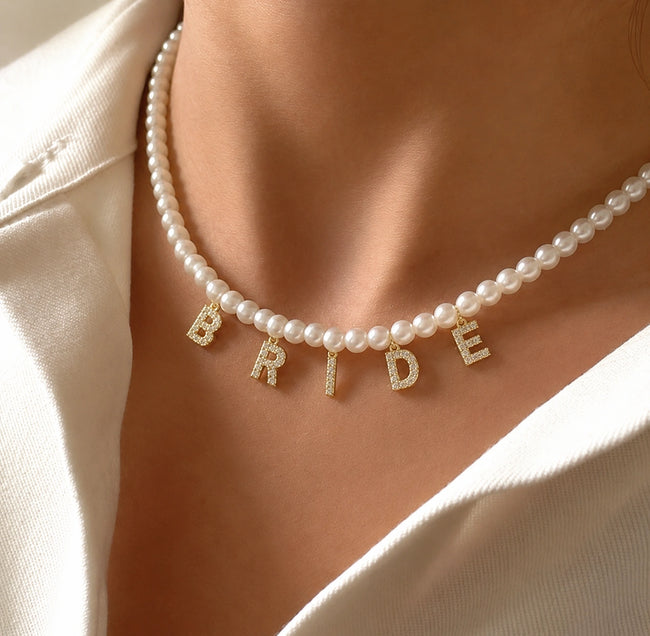 Bride Pearl Letter Charm Necklace