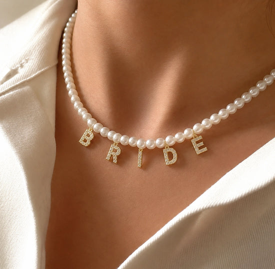 Pearl necklace with gold BRIDE letter charms