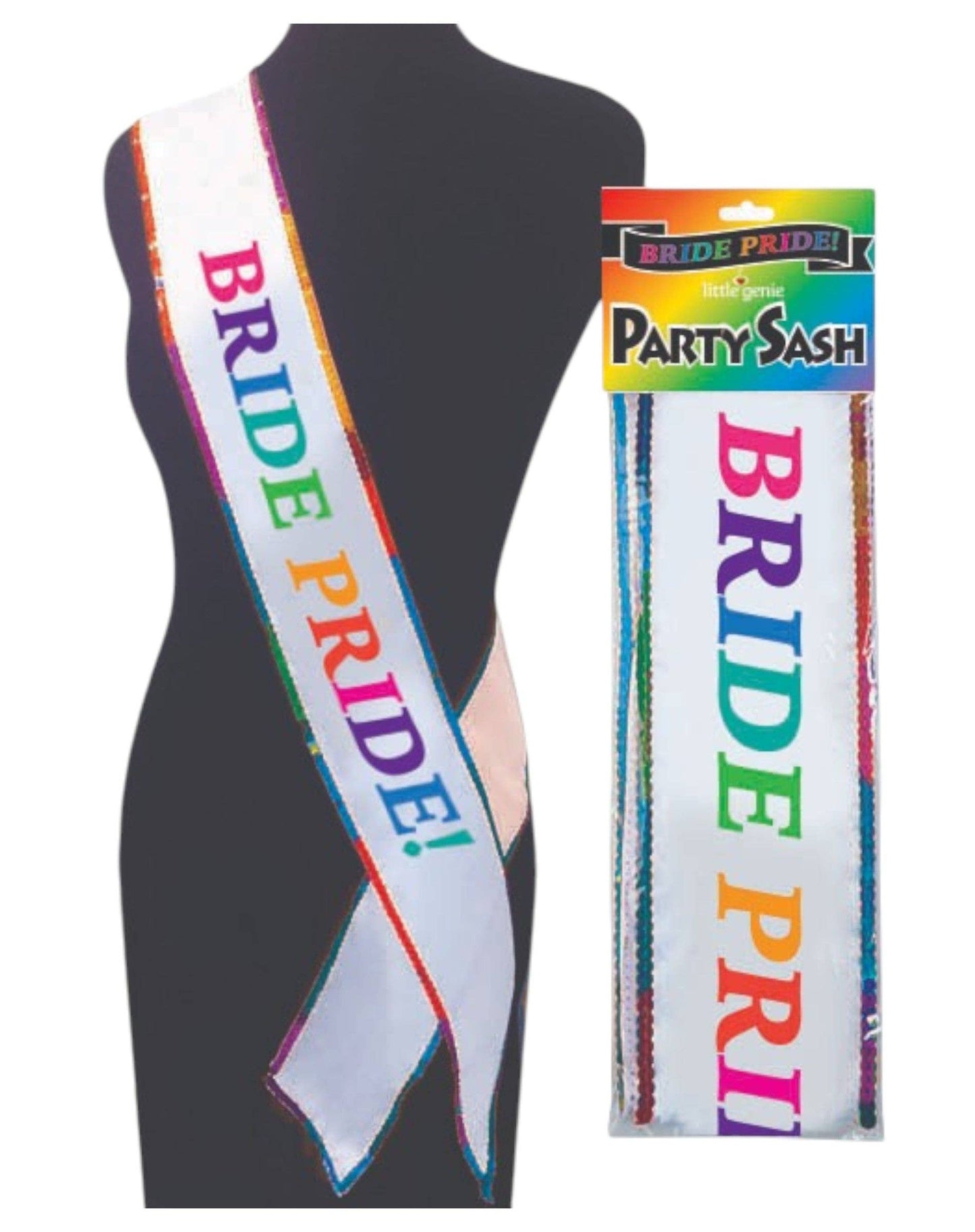 Bride Pride sash with rainbow glitter lettering and packaging