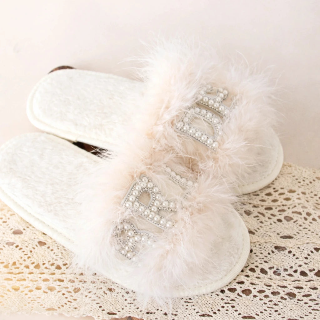 Bride Pearl Feather Slippers