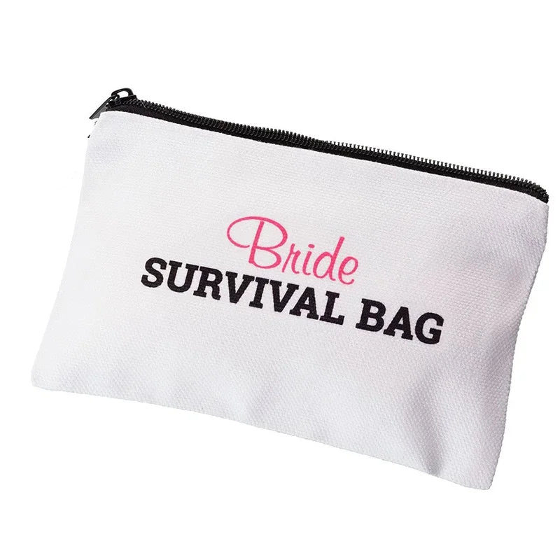 White pouch with 'Bride Survival Bag' text on a white background