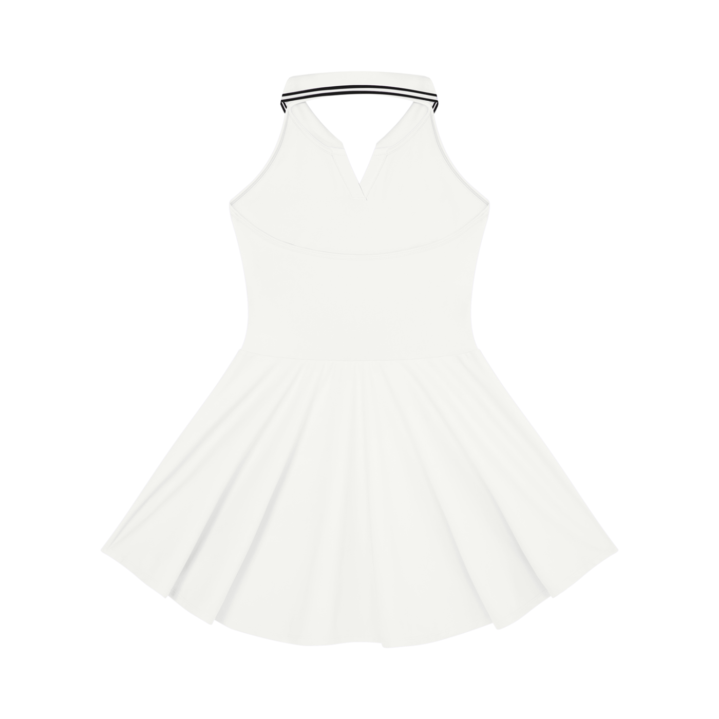 White dress with thin black stripes on a white background