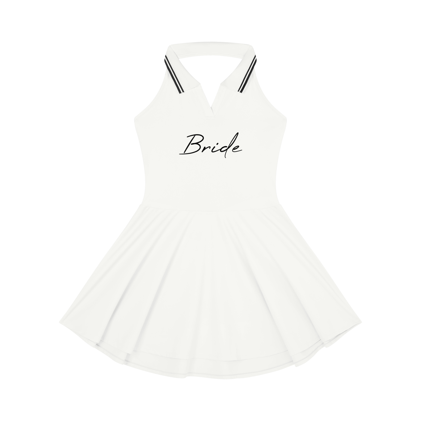 A white sleeveless halter dress with a pleated skirt, featuring the word 'Bride' printed in black script on the chest and black stripe accents on the shoulder straps, shown against a plain white background.