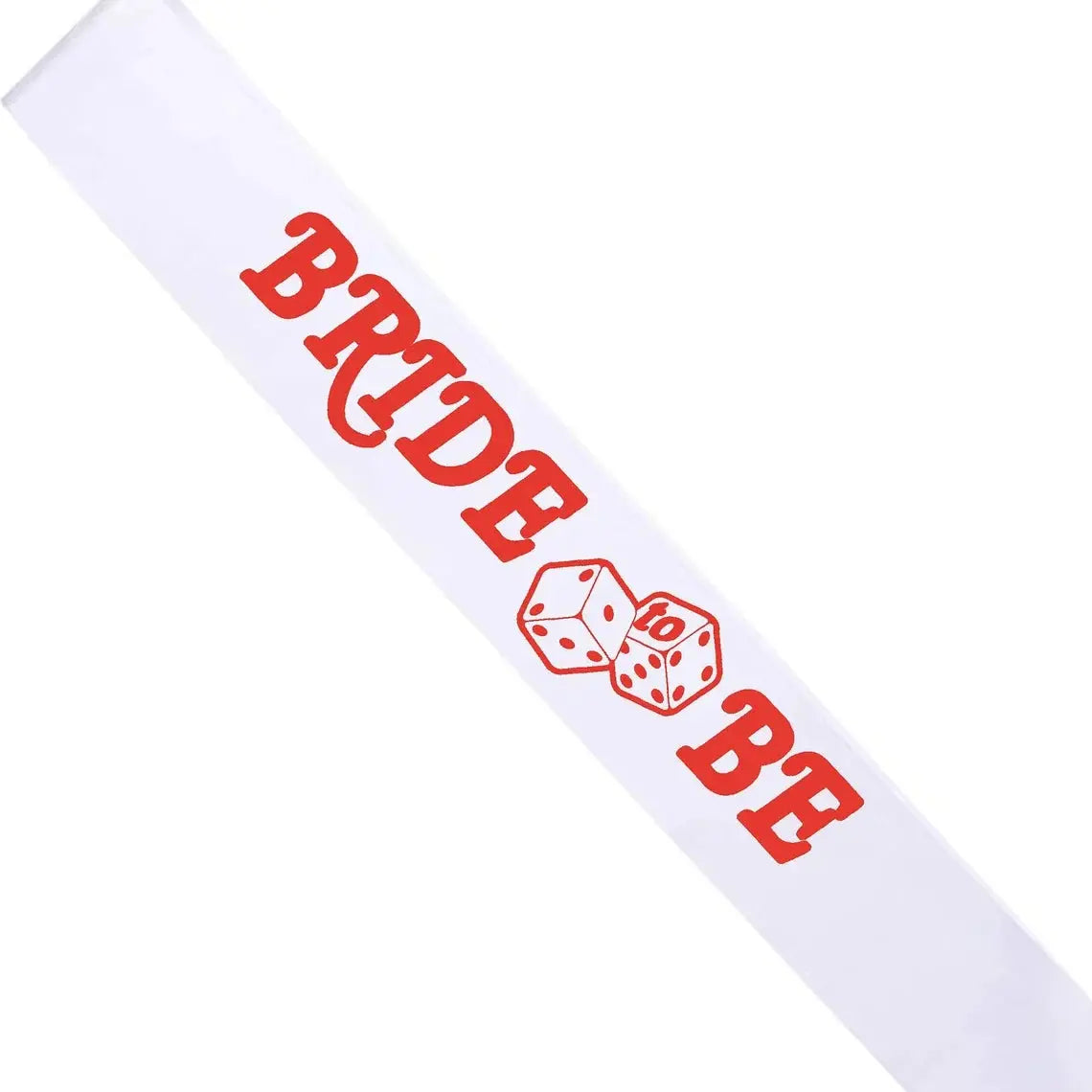White sash with red text and dice design on a white background