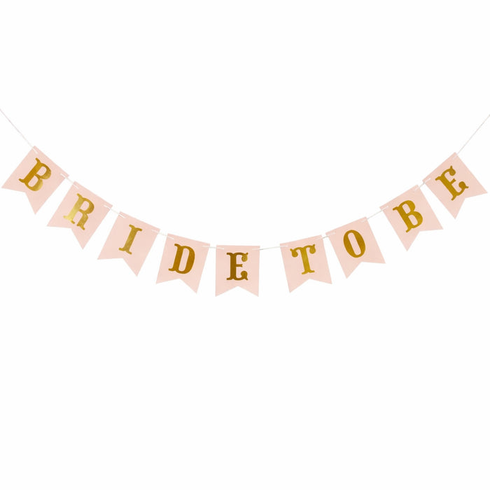Bride to be banner with pink and gold letters on a white background