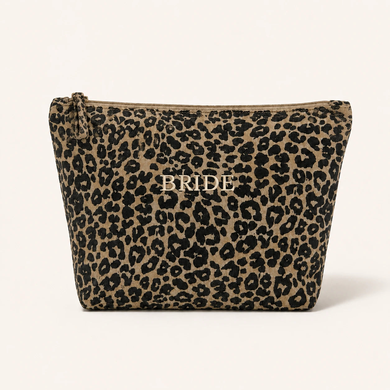 Leopard print pouch with 'BRIDE' text on a white background