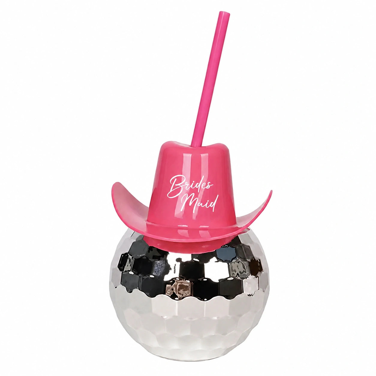 Pink 'Brides Maid' cup with straw on a disco ball against a white background
