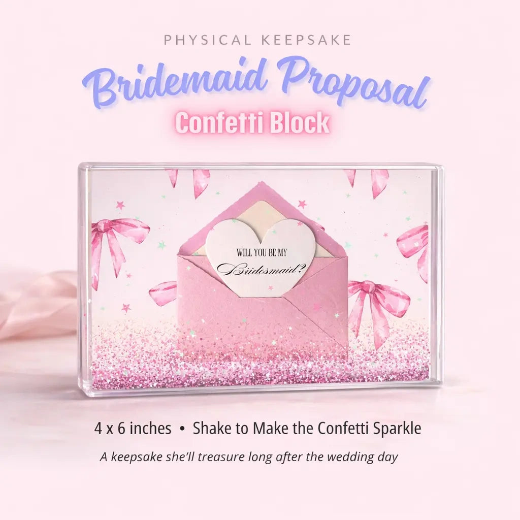 Bridesmaid proposal confetti block displayed on a soft pink background, featuring a pink envelope with a heart-shaped card that reads “Will you be my Bridesmaid?” surrounded by pink glitter and sparkly confetti.