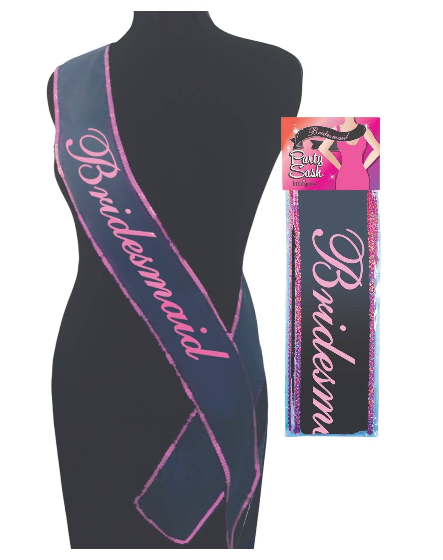 Sash with 'Bridesmaid' text on a black mannequin and packaging.