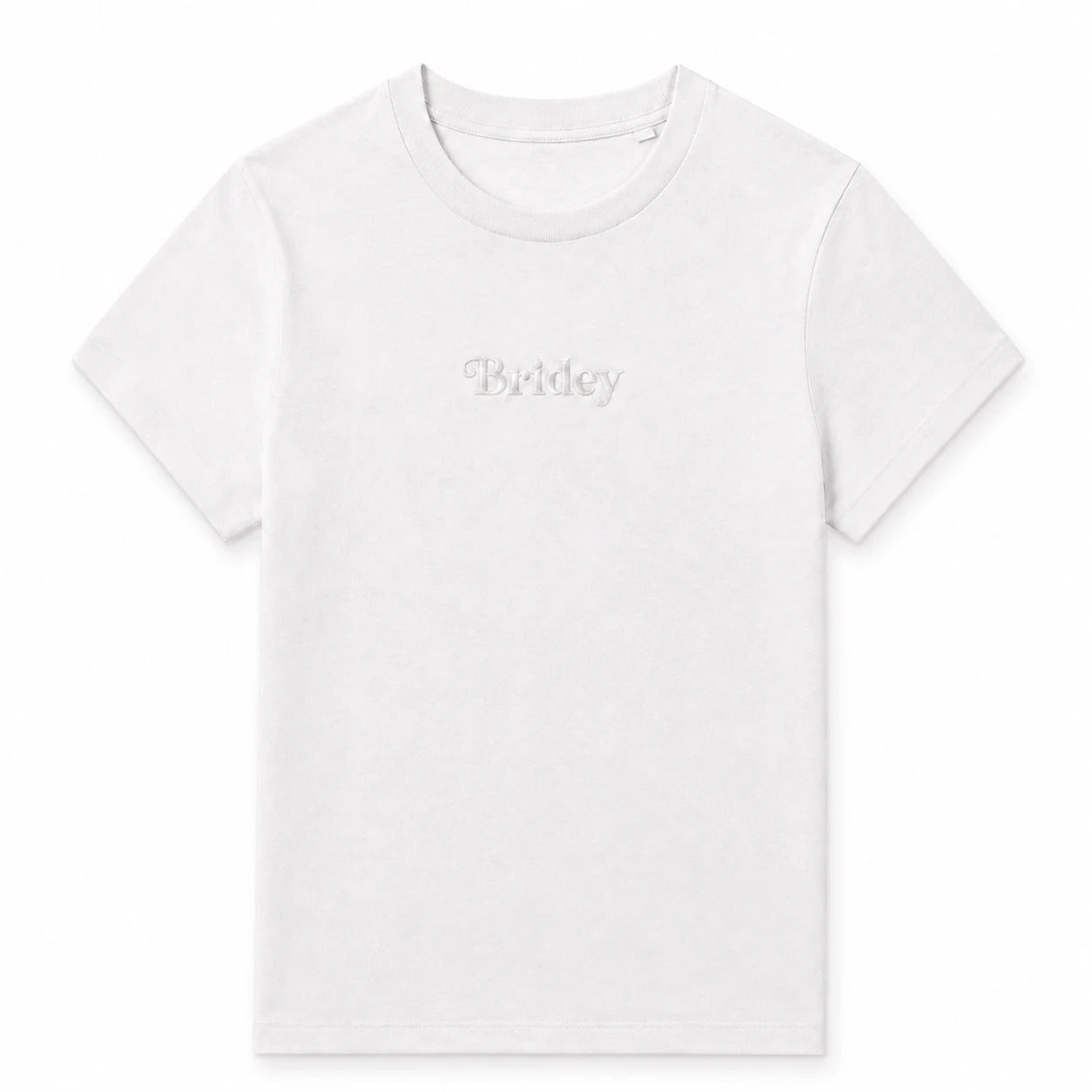 White t-shirt with 'Bridey' branding on a white background