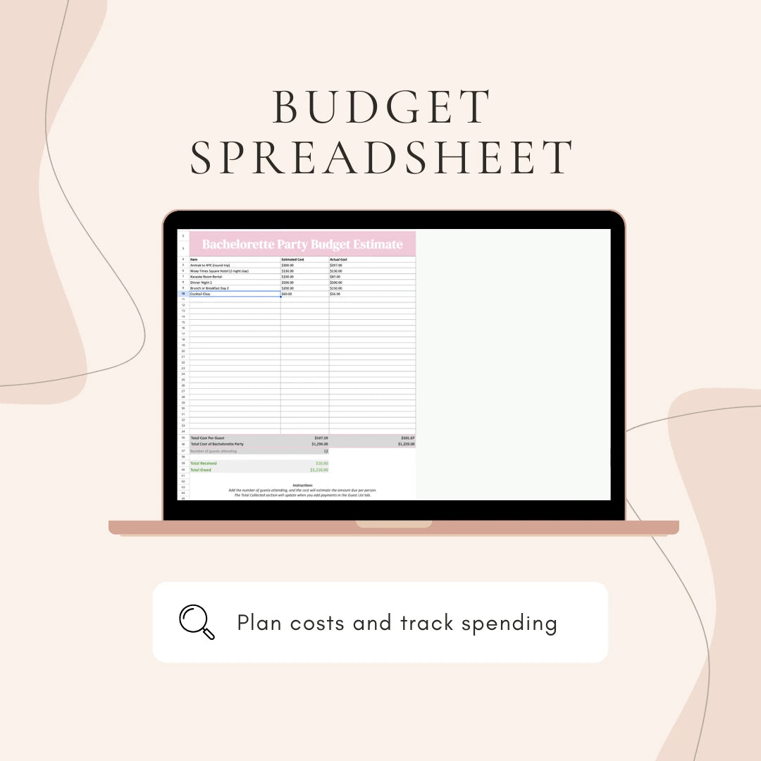 Laptop displaying a budget spreadsheet on a light pink background