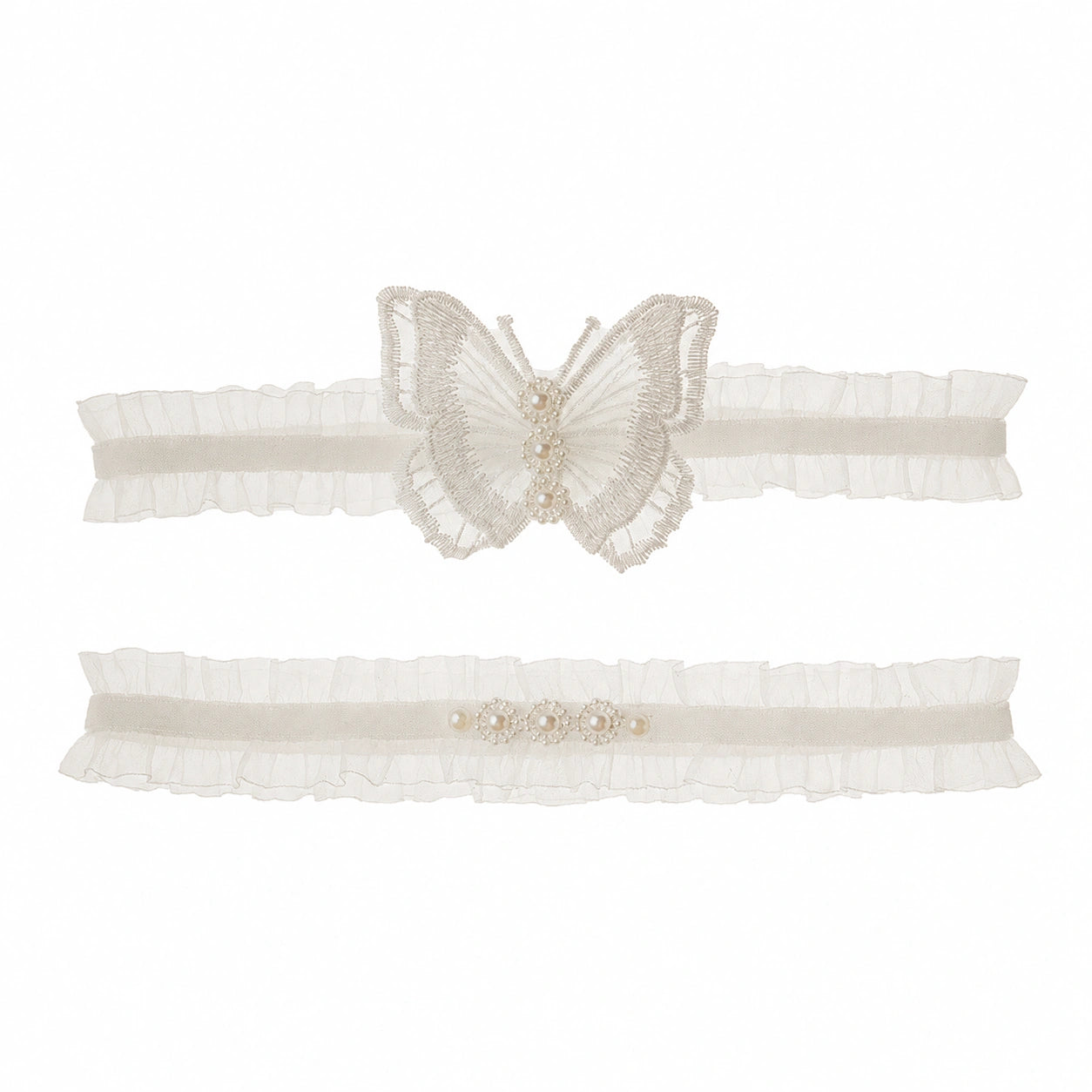 An ivory lace garter belt with a central embroidered butterfly embellished with pearl-like beads, shown flat against a solid white background. A second, simpler garter belt with a pearl bead cluster is displayed below it.