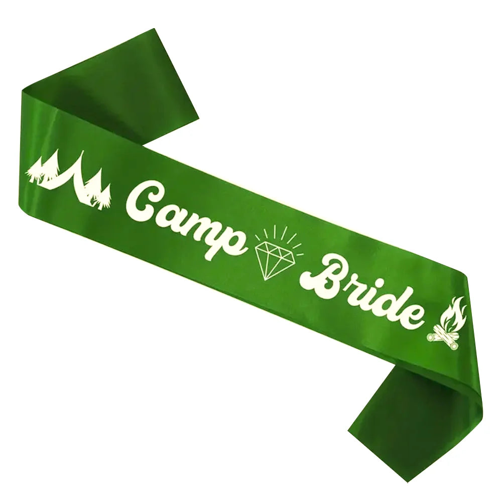 Green sash with 'Camp Bride' text and decorative elements on a white background