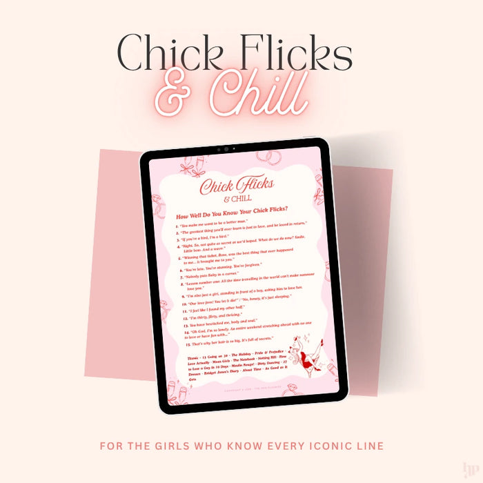 Digital product with 'Chick Flicks & Chill' text on a tablet against a pink background