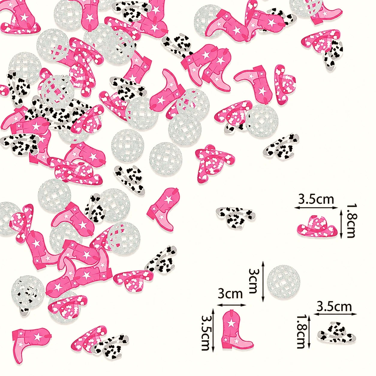 Disco cowgirl hen party confetti on a white surface.