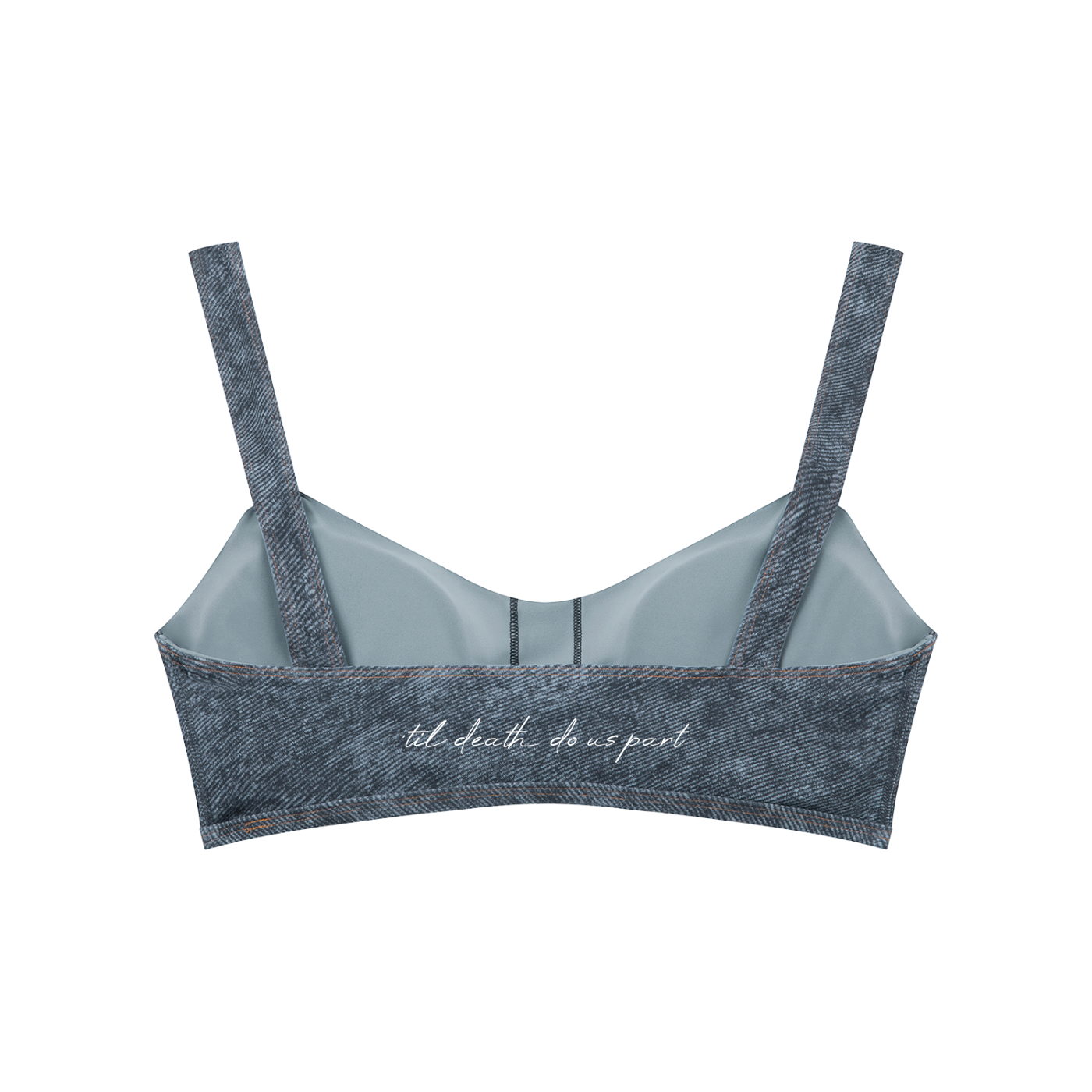 Gray sports bra with text on a white background