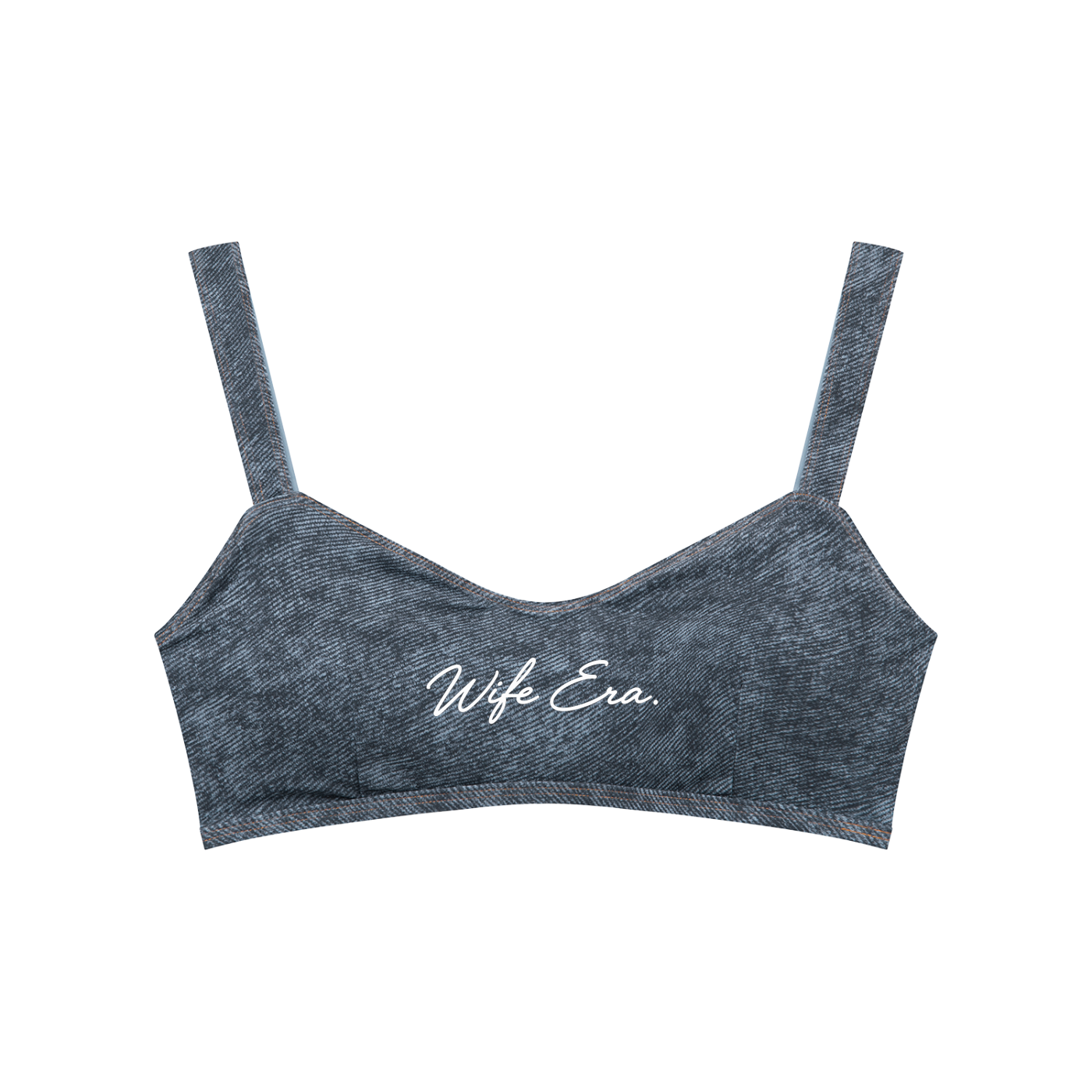 A dark gray heathered bralette with thin straps and the text 'Wife Era.' printed in white script across the center, shown on a plain white background.